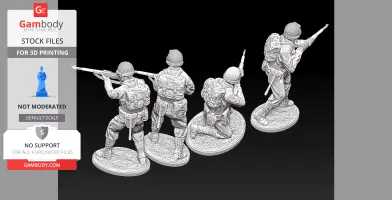 Four detailed World War 2 US Army ranger miniatures in action poses, ready for 3D printing.