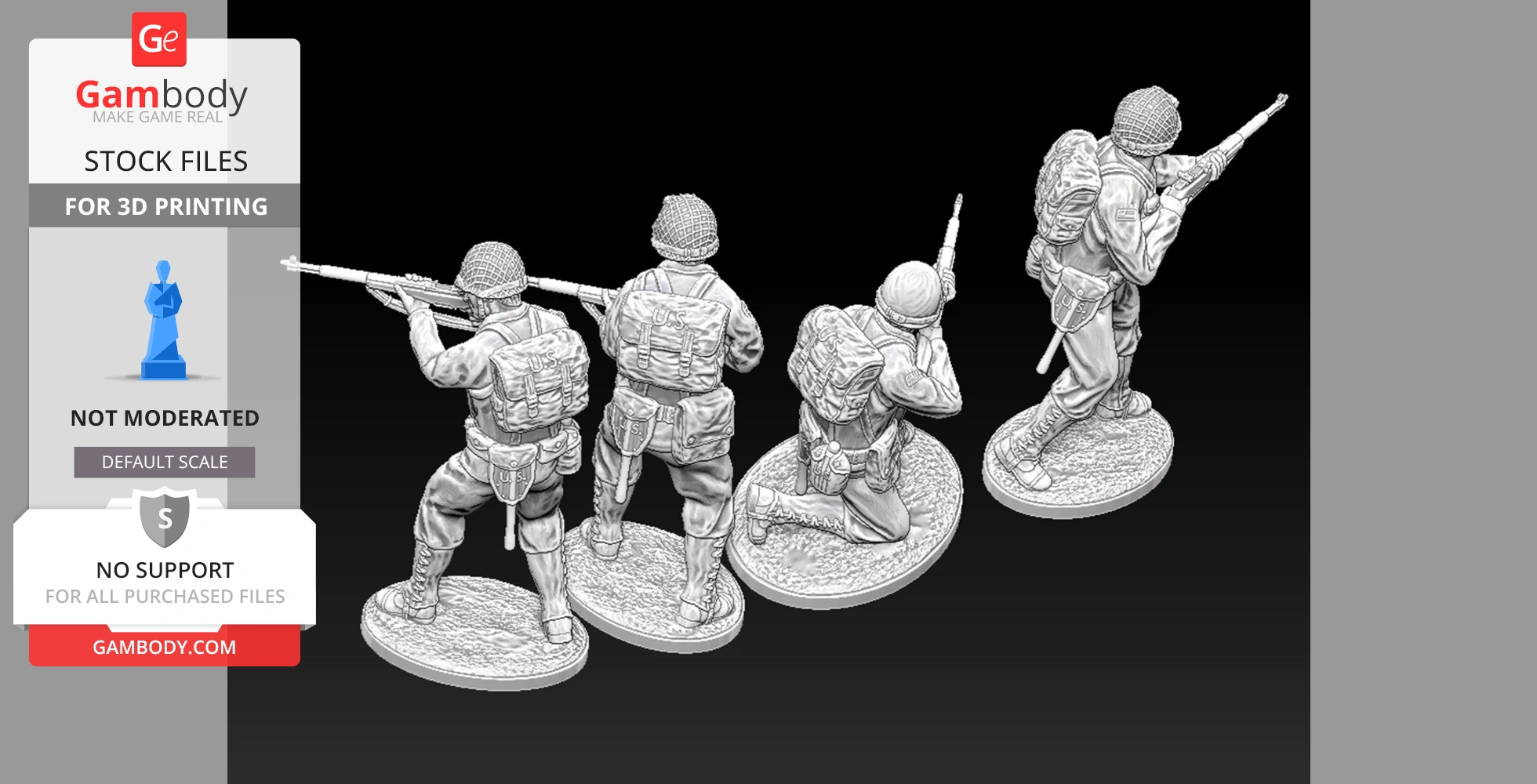 Four detailed World War 2 US Army ranger miniatures in action poses, ready for 3D printing.