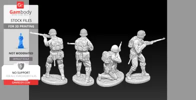 3D models of WWII USA Rangers in various poses, equipped with rifles and detailed gear for printing.