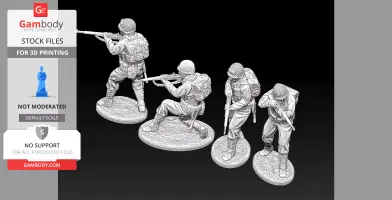 Four 3D-printed WWII US Rangers riflemen miniatures in action poses with detailed gear.