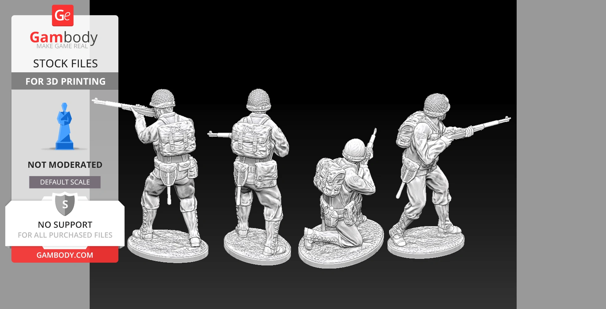 3D models of WWII USA Rangers in various poses, equipped with rifles and detailed gear for printing.