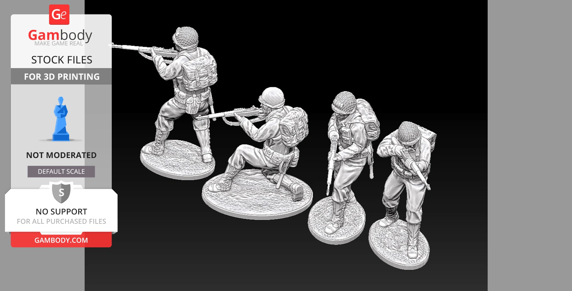 Four 3D-printed WWII US Rangers riflemen miniatures in action poses with detailed gear.