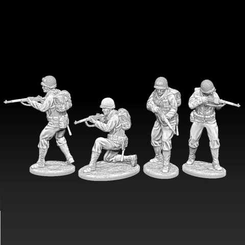 Four detailed WWII USA Rangers riflemen miniatures in various action poses, ready for 3D printing.