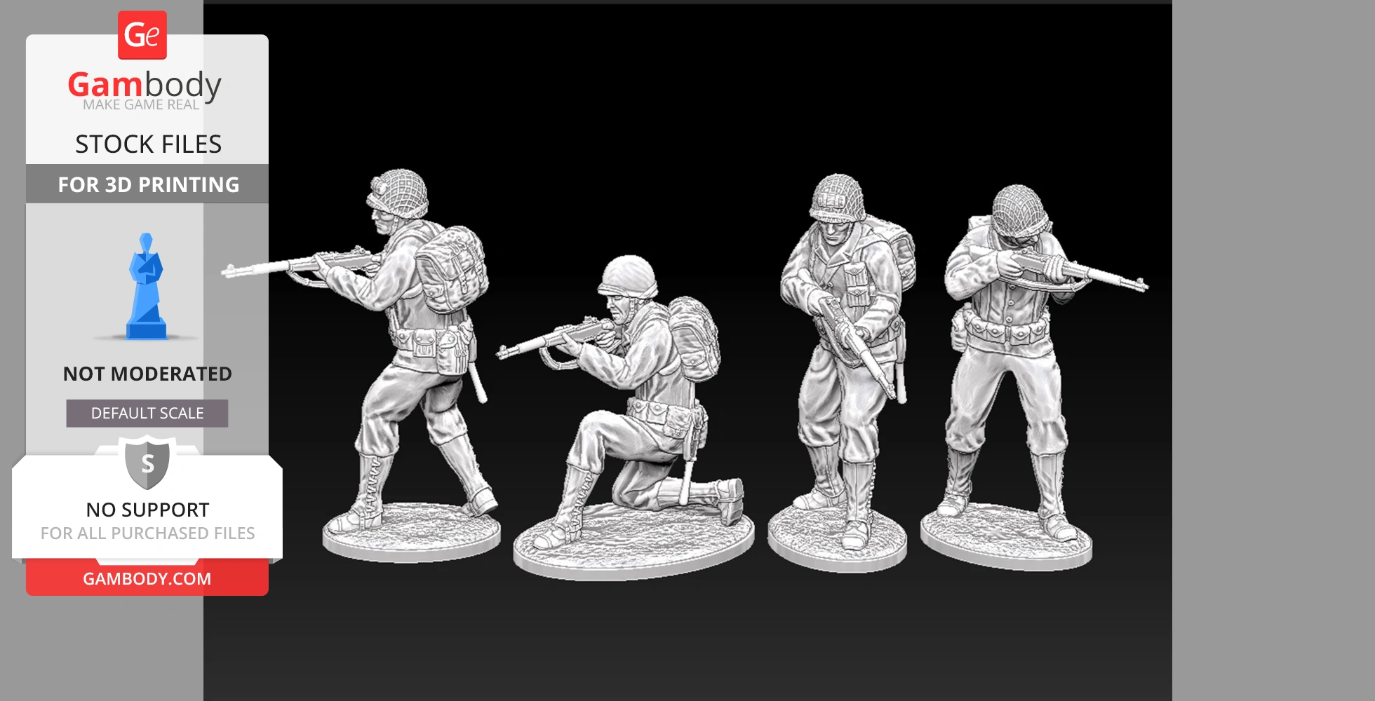 Four detailed World War II US Rangers riflemen in action poses as 3D printable miniatures.