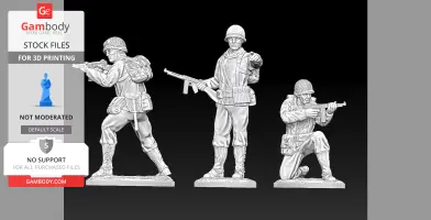 Three detailed 25mm 3D printed miniatures of WW2 US officers in various action poses.