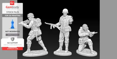 Three detailed 25mm WWII US officer miniatures in action poses for 3D printing.