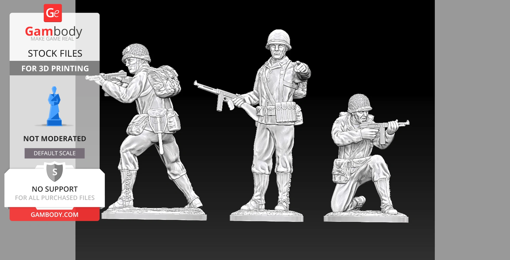 Three detailed 25mm 3D printed miniatures of WW2 US officers in various action poses.
