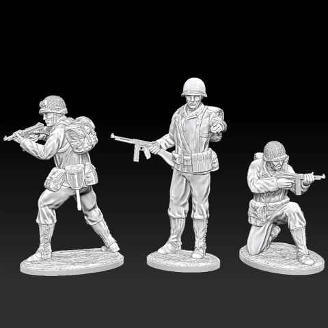WW2 US officer miniatures in action poses, equipped with helmets and gear, designed for 3D printing.