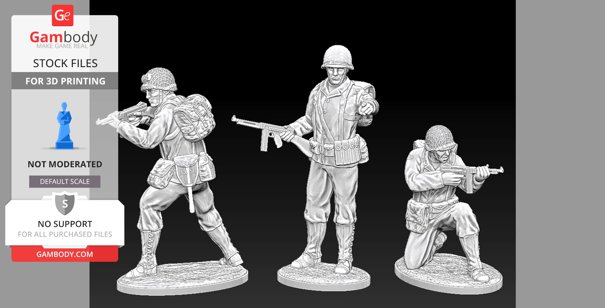 Three detailed 25mm WWII US officer miniatures in action poses for 3D printing.