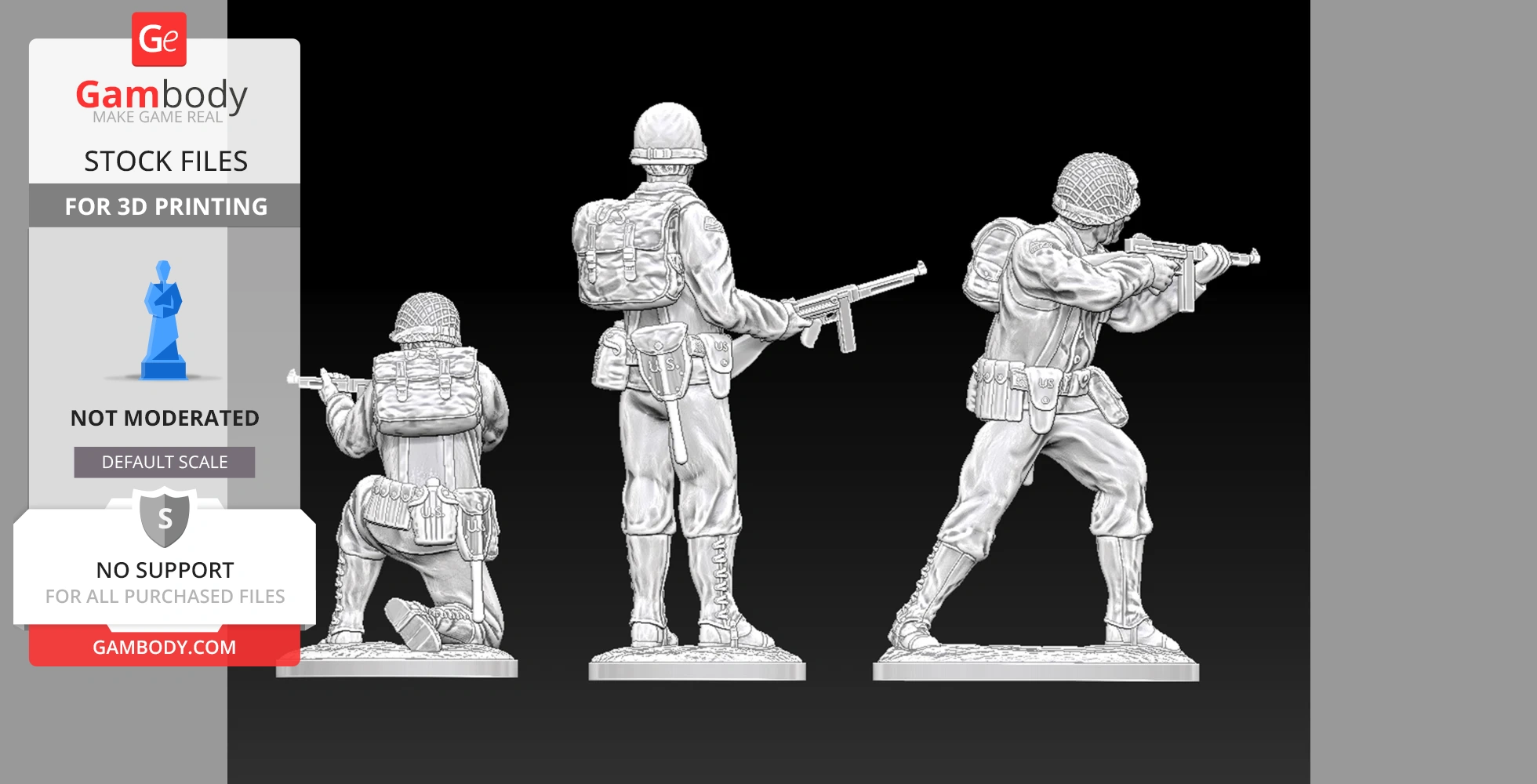 Three detailed WW2 US officer miniatures in various poses with gear, designed for 3D printing.