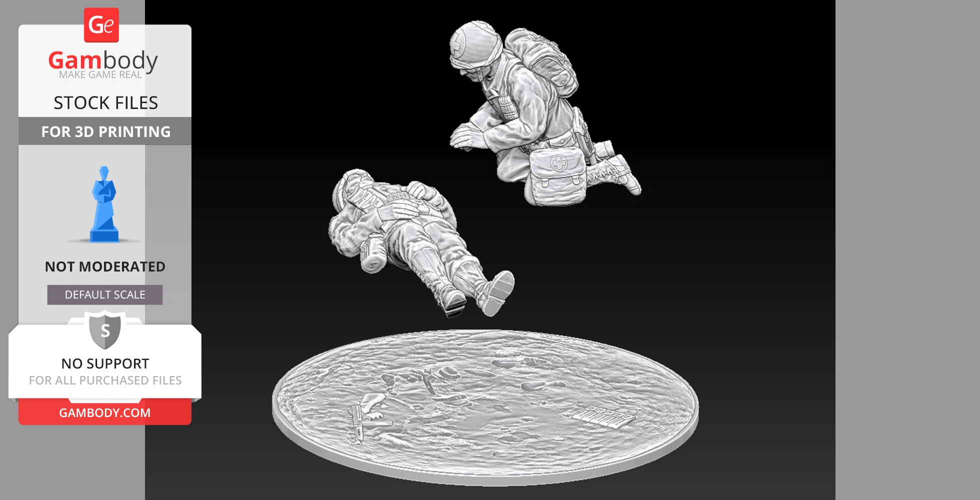 Two WW2 US medic figures kneel over a casualty on a textured base, designed for 3D printing.