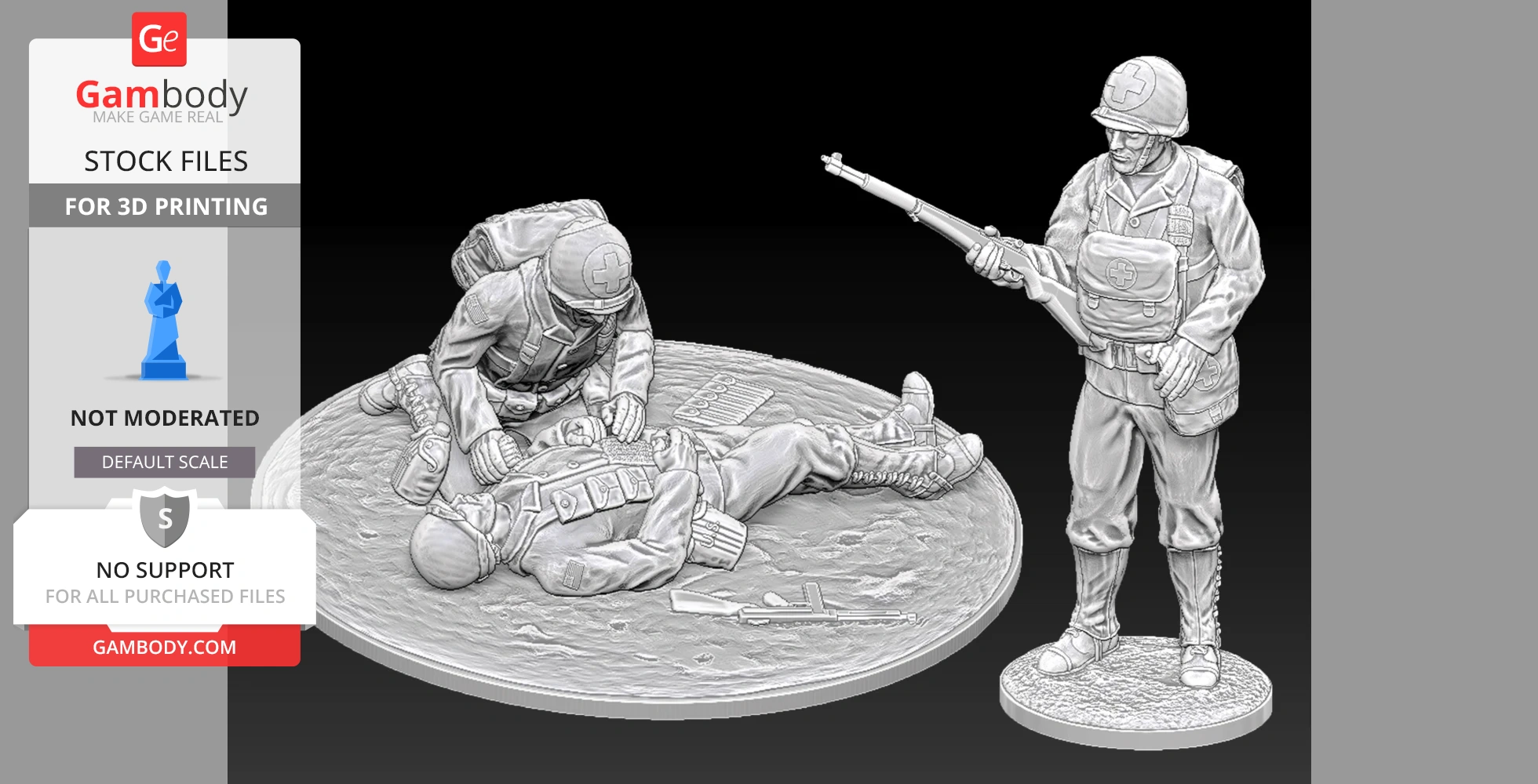 WW2 US medics tending to an injured soldier, with one standing by; detailed 3D printable miniatures.