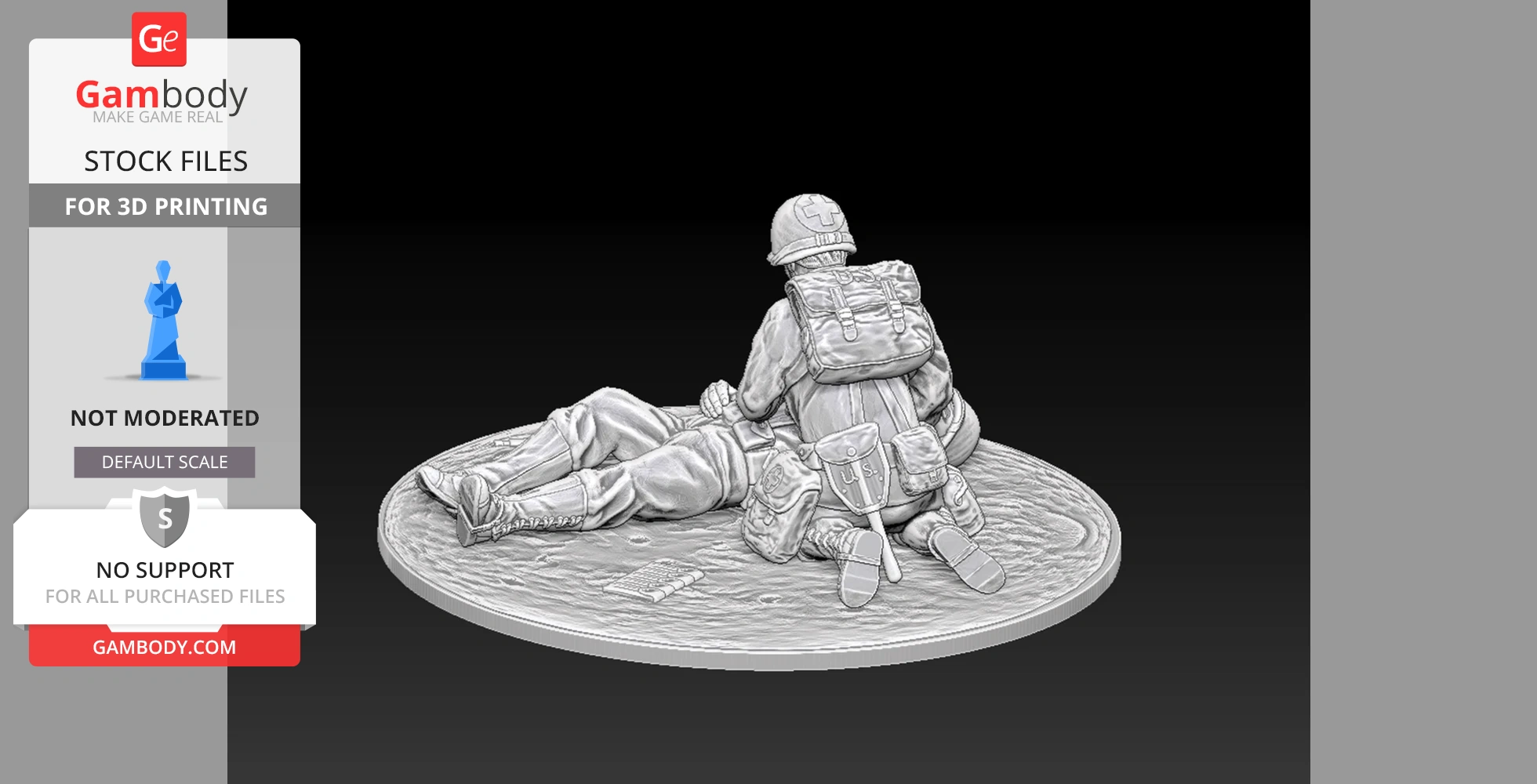WW2 US medics tending to a casualty on a circular base; detailed 3D printable miniature.