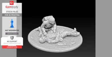 WW2 US medic attending to a wounded soldier on a circular base, detailed 3D printable model.