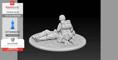 WW2 US medics tending to a casualty on a circular base; detailed 3D printable miniature.