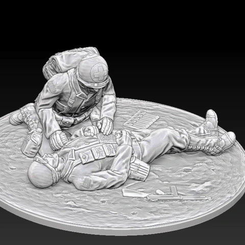 WW2 US medics tending to a wounded soldier, detailed 3D printable miniature on a round base.