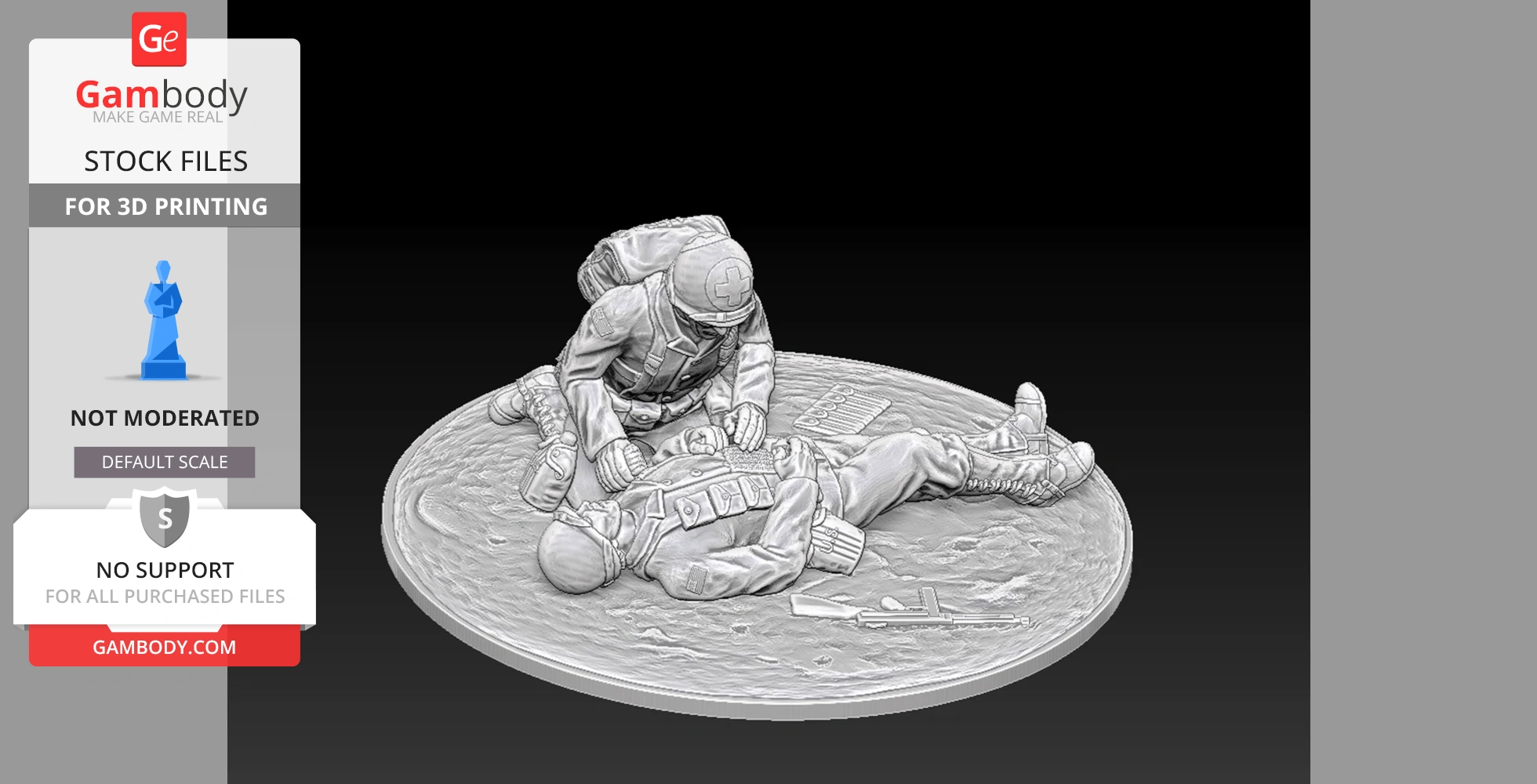WW2 US medic attending to a wounded soldier on a circular base, detailed 3D printable model.