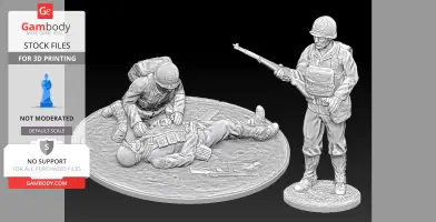 WW2 US medics tending to an injured soldier, with one standing by; detailed 3D printable miniatures.