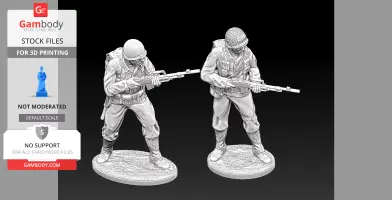 Two detailed 3D models of WWII US Rangers holding BAR rifles, ready for 3D printing.