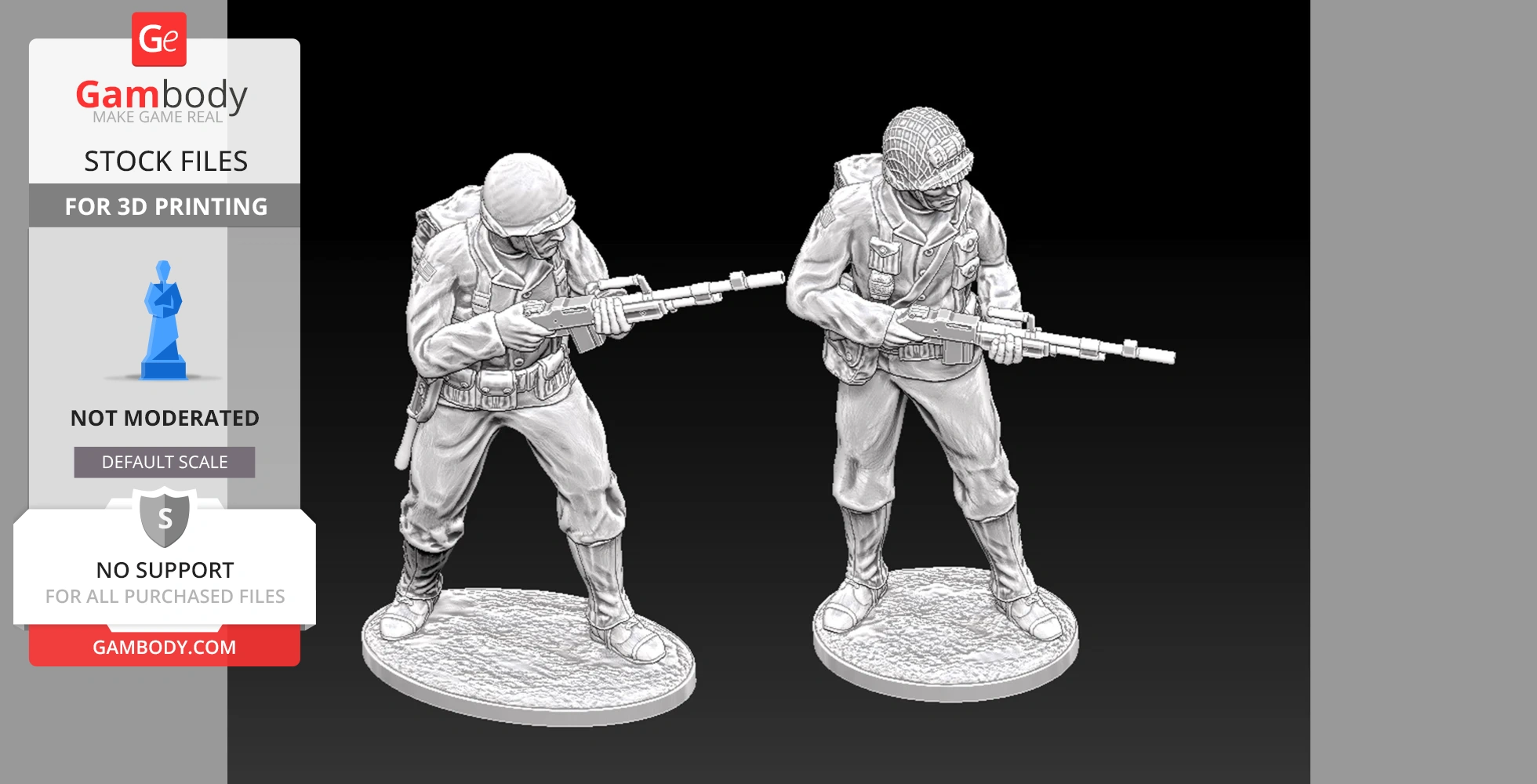 Two detailed 3D models of WWII US Rangers holding BAR rifles, ready for 3D printing.