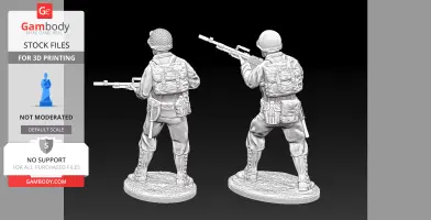 Two 3D-printed WWII US Rangers with BARs in action poses wearing gear and helmets.
