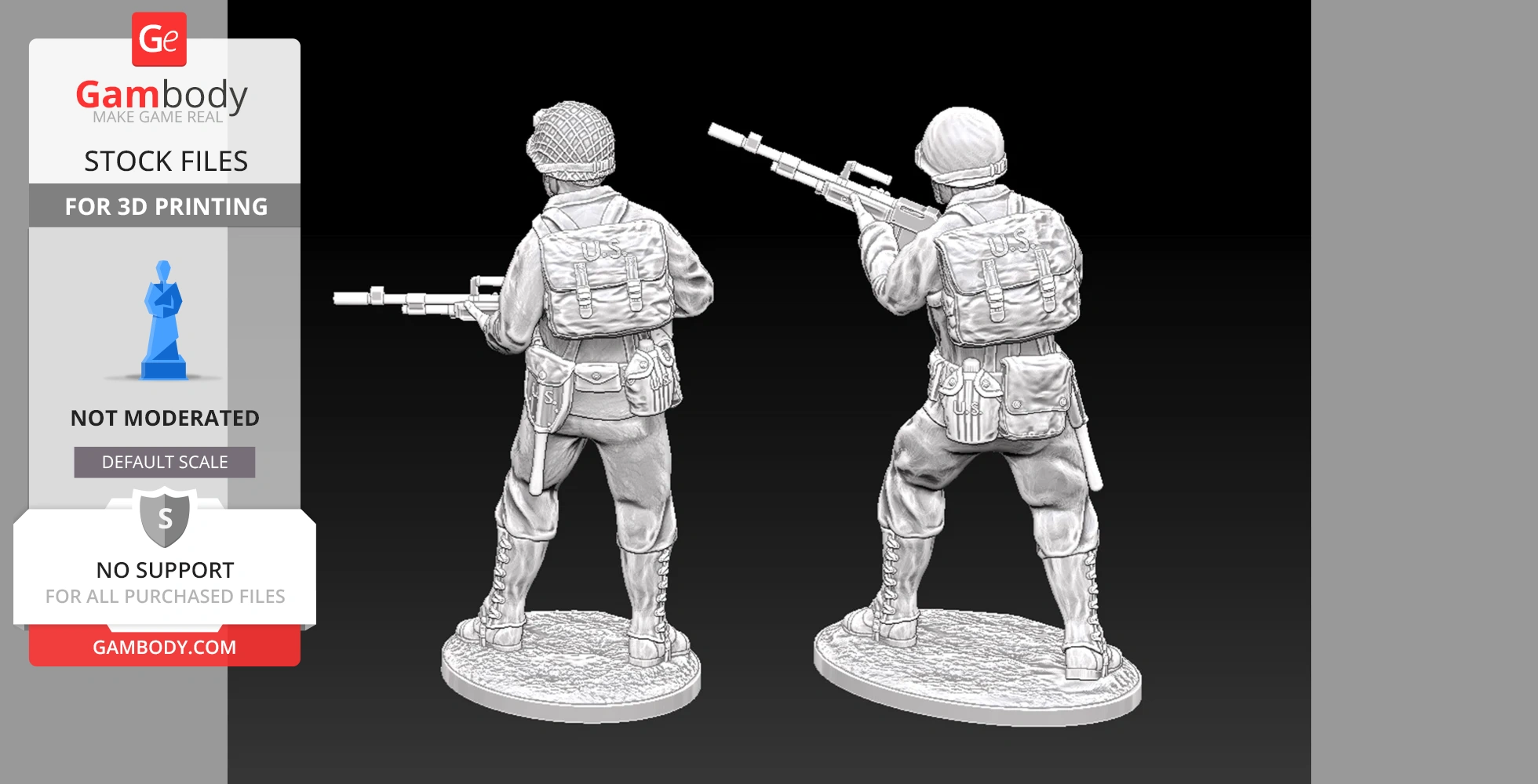 Two 3D-printed WWII US Rangers with BARs in action poses wearing gear and helmets.