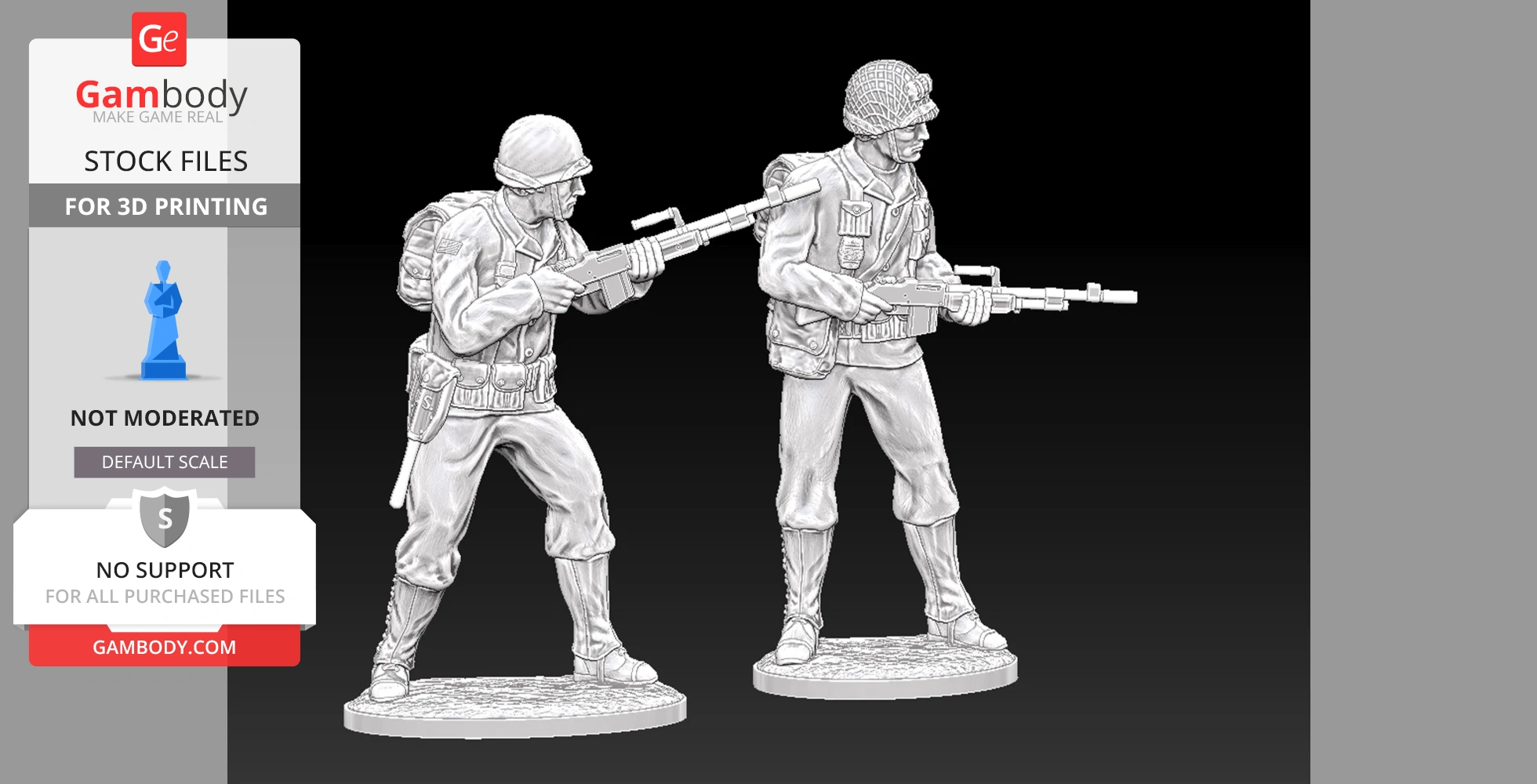 Two WW2 US Rangers with BARs in action poses, ready for 3D printing.