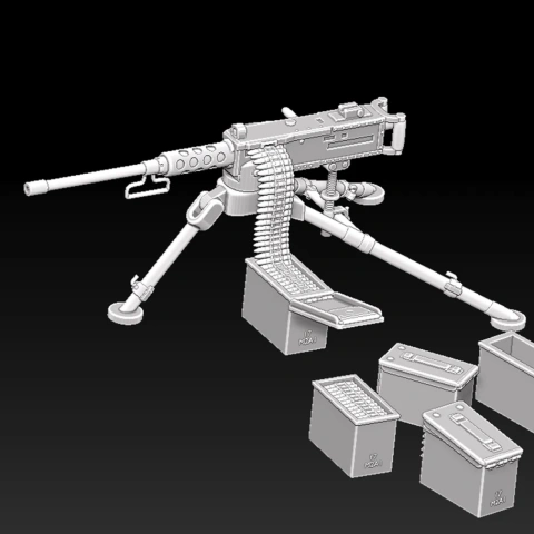 WW2 M2 Browning machine gun model with ammo crates for 3D printing.