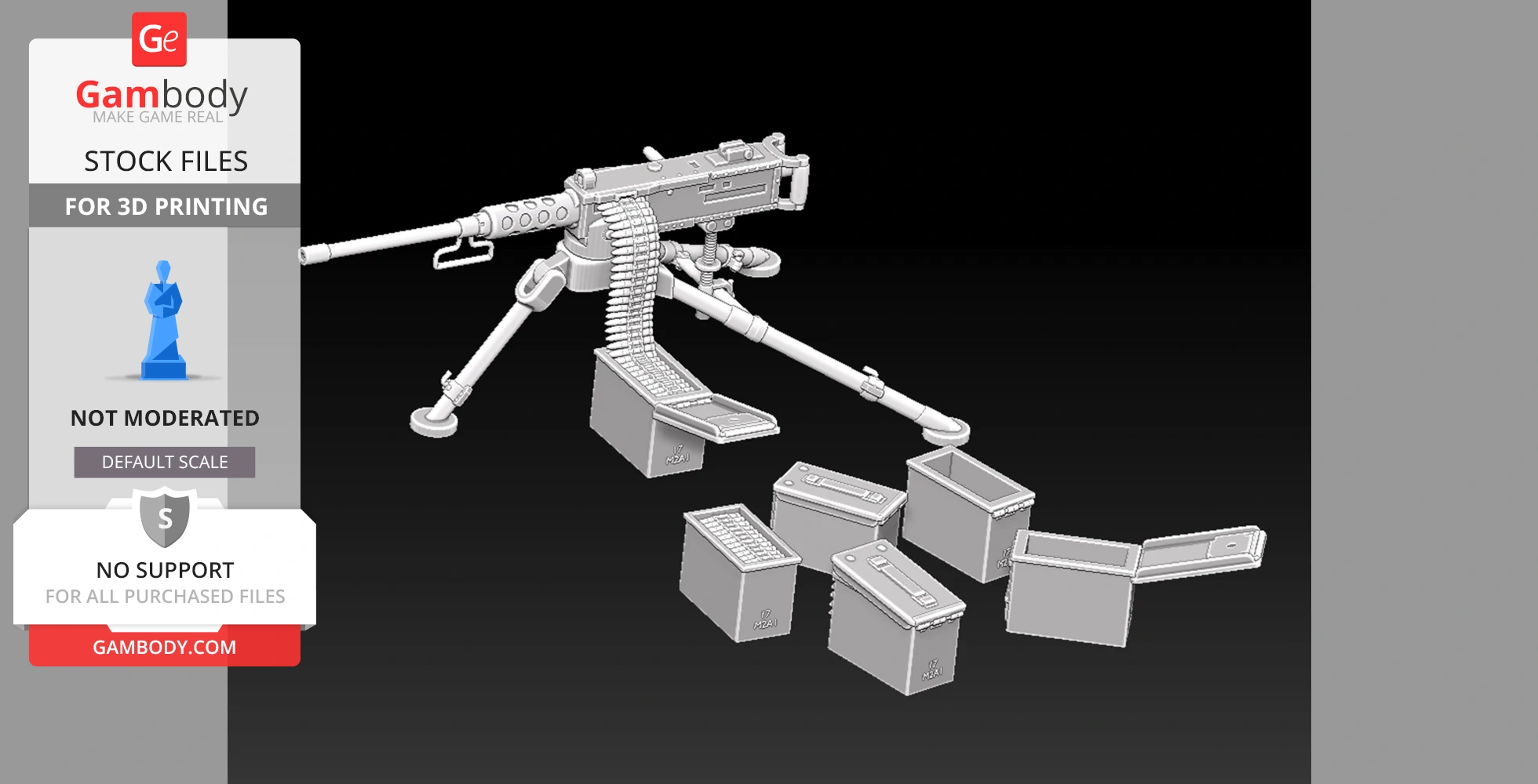 WW2 M2 Browning HMG model with tripod and six ammo crates for 3D printing.