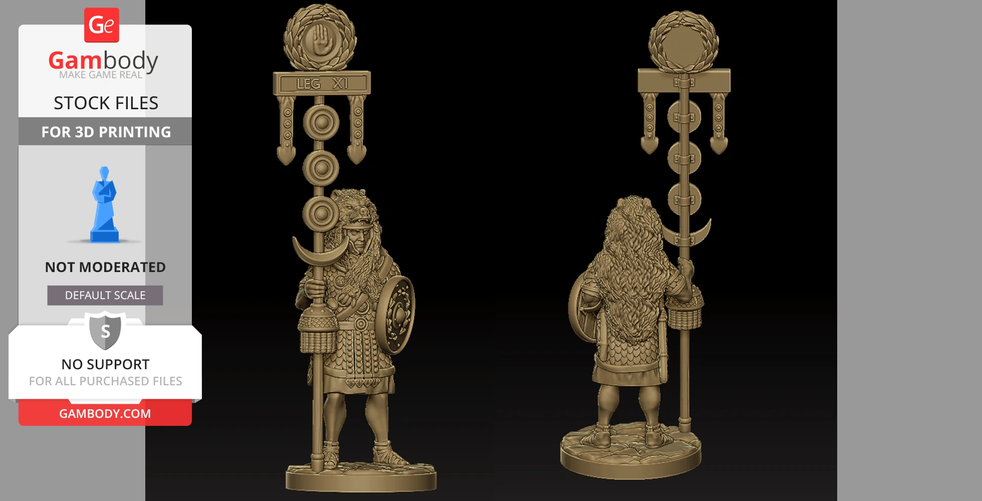 A detailed Roman Signifer miniature model holding a standard, designed for 3D printing.