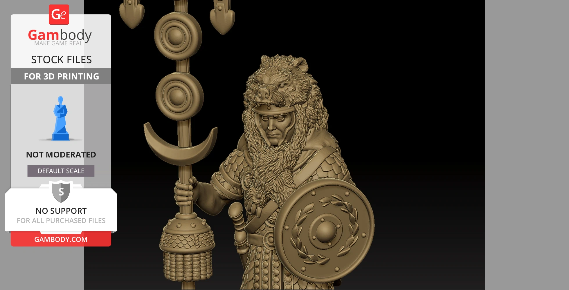 Roman Signifer miniature holding a standard and shield, adorned in armor and a bear headdress for 3D printing.