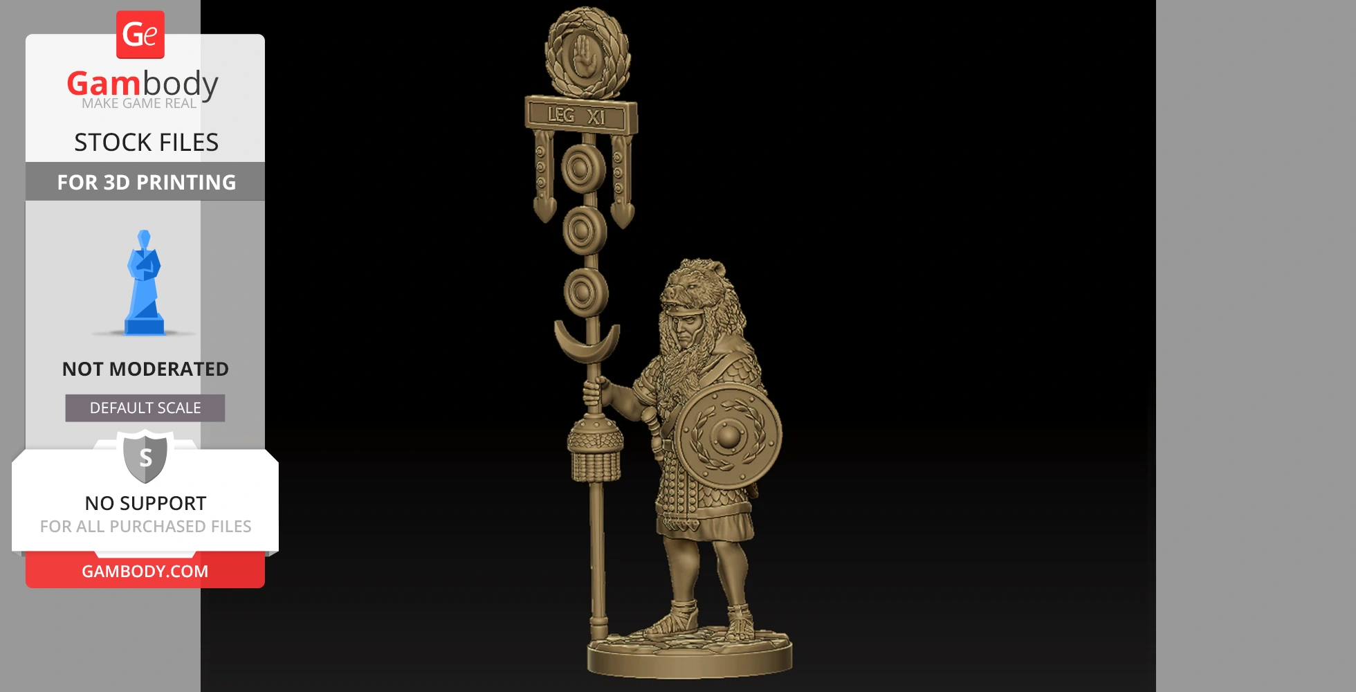 Roman Signifer miniature holding a staff, lion pelt on head, detailed shield and armor, for tabletop gaming.