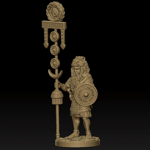 Roman Signifer miniature with bear pelt, holding a standard and shield for tabletop games.