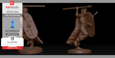 Miniature Celtic warrior holding a spear and shield, designed for 3D printing in 25mm and 28mm scale.