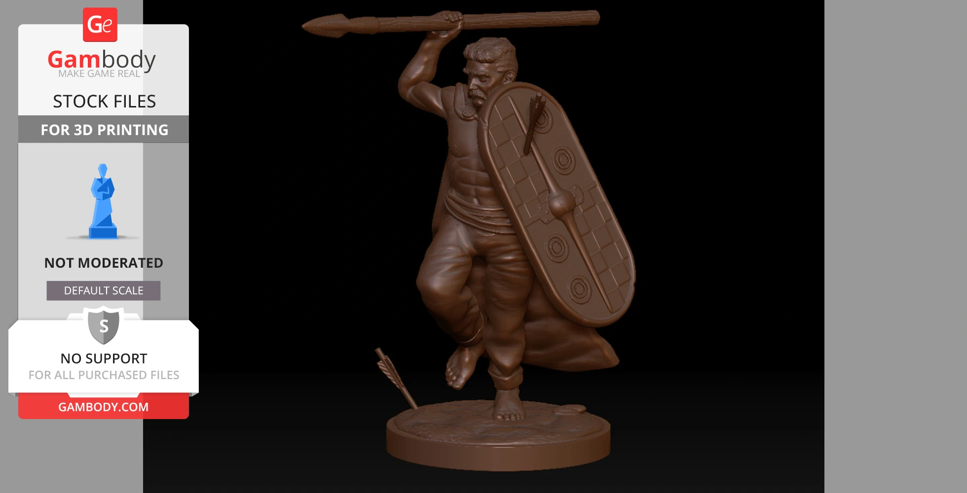 Celtic warrior miniature wielding spear, shield with arrow, on round base, for 3D printing.