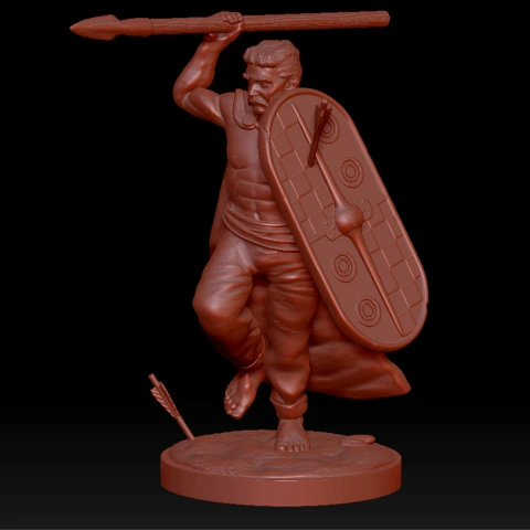 Celtic warrior miniature with spear and shield, standing on a base, ready for 3D printing.