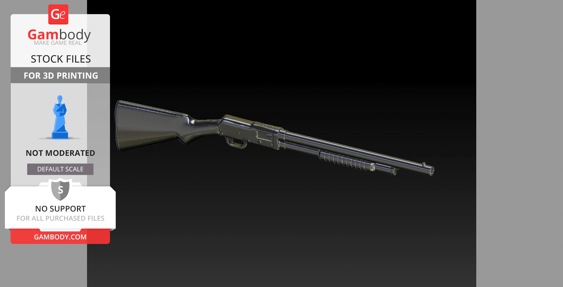 A 3D model of a Stevens 520 shotgun for printing, displayed in a side view on a dark background.
