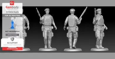 A 3D printed miniature of a soldier with tactical gear and a beret, holding a weapon, shown from multiple angles.