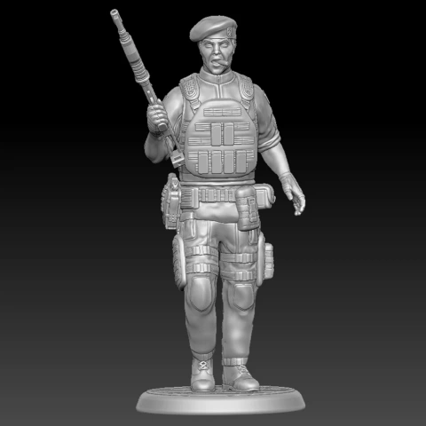 A detailed miniature of a soldier in tactical gear holding a gun, designed for 3D printing.