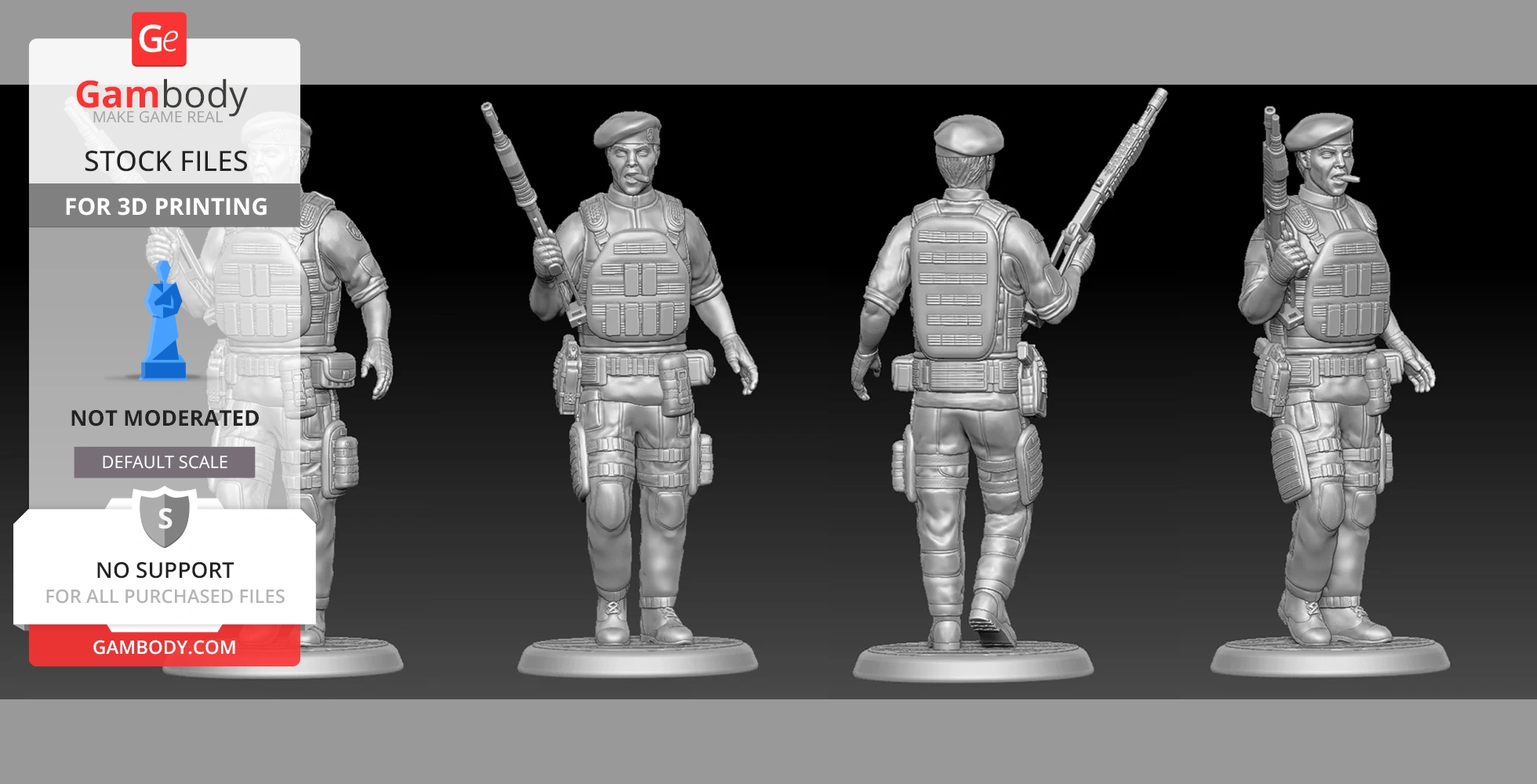 A 3D printed miniature of a soldier with tactical gear and a beret, holding a weapon, shown from multiple angles.