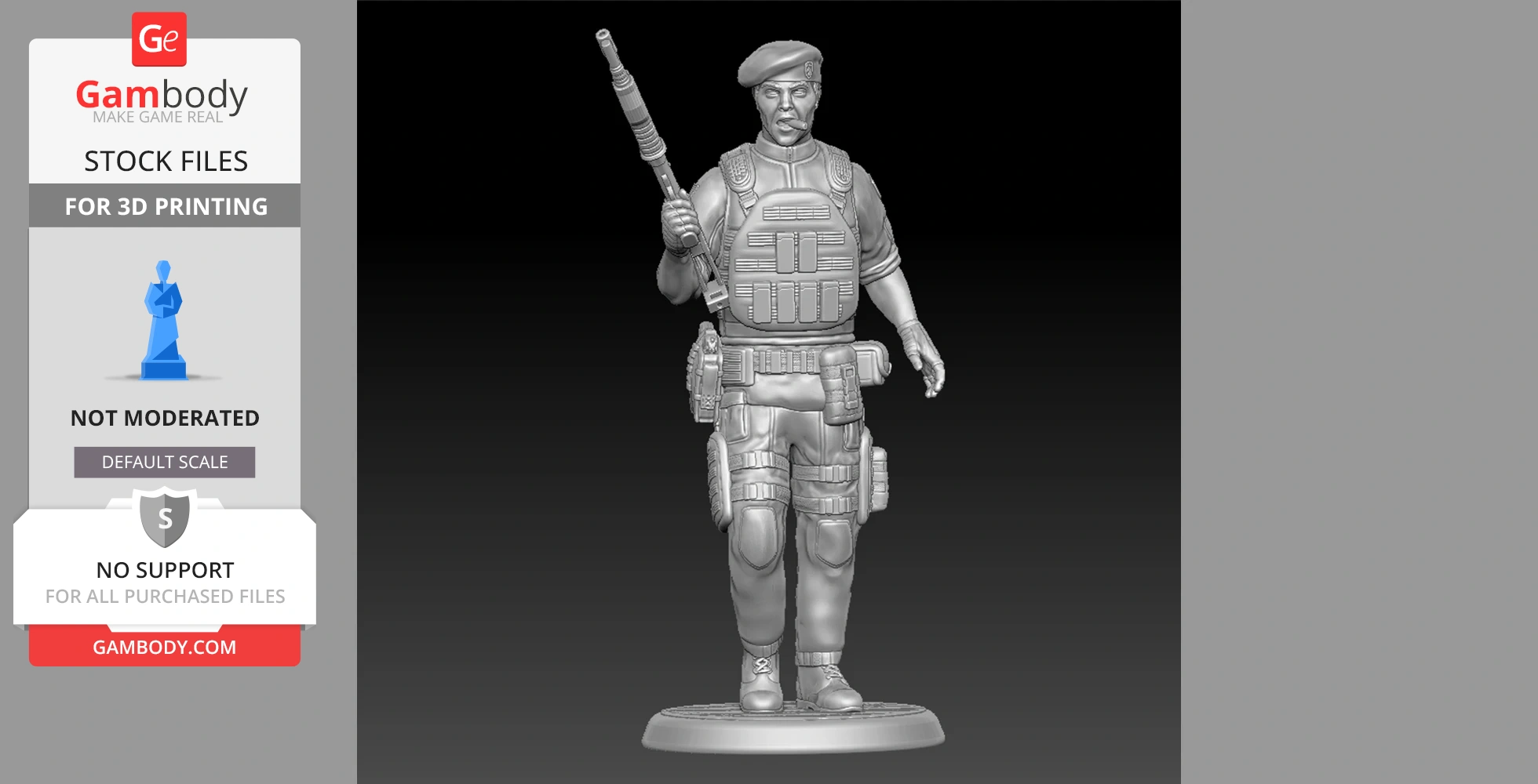 3D model of a soldier with a beret, holding a rifle, wearing tactical gear, standing on a round base.