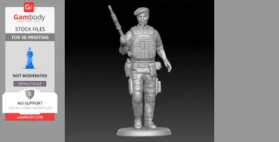 3D model of a soldier with a beret, holding a rifle, wearing tactical gear, standing on a round base.