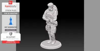 A 3D model of a soldier in tactical gear with a gas mask, holding a rifle, standing on a base.