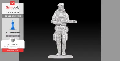 A 3D model of a soldier in tactical gear with a gas mask, holding a weapon, ready for 3D printing.