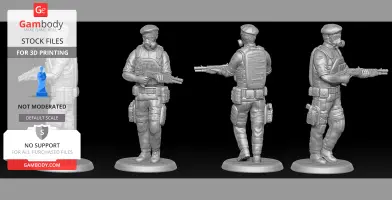 3D model of a tactical soldier in gear with a gas mask, holding a rifle, designed for 3D printing.