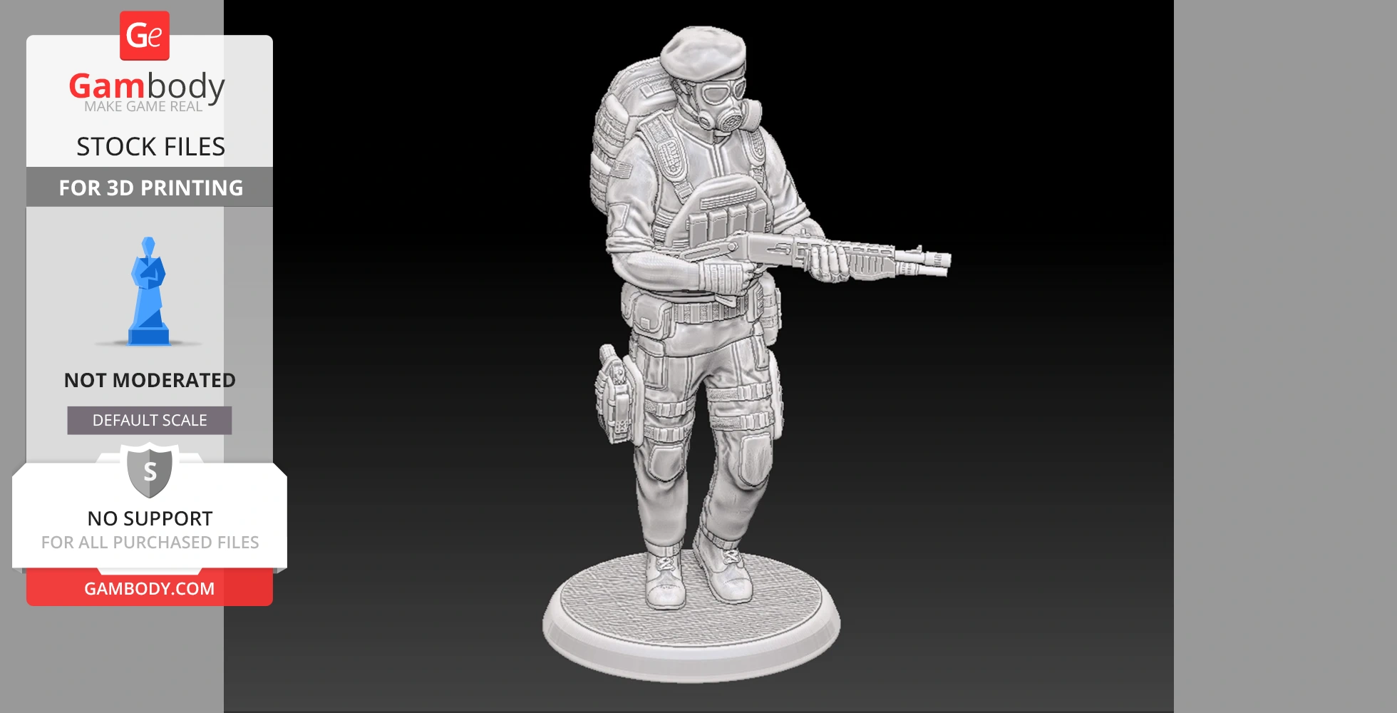 3D model of a soldier in tactical gear and gas mask, holding a rifle, standing on a circular base.