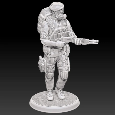 3D model of a soldier in tactical gear with gas mask, holding a rifle, ready for 3D printing.