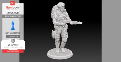 3D model of a soldier in tactical gear and gas mask, holding a rifle, standing on a circular base.