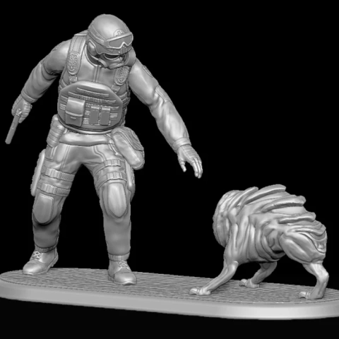 HECU soldier and alien creature diorama for 3D print, from Half-Life, on display stand.