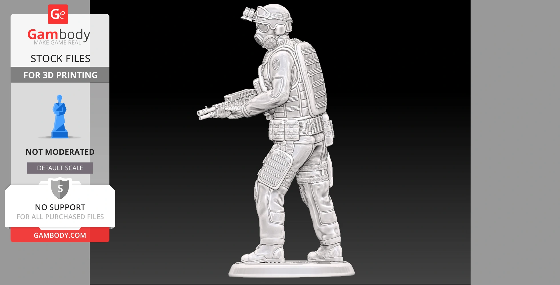 A 3D model of a tactical soldier in gear holding a gun, designed for 3D printing.